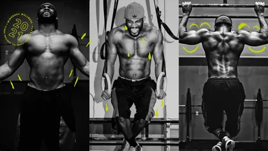Man Working Out in the Gym with Mindbody Wellness Index Logo